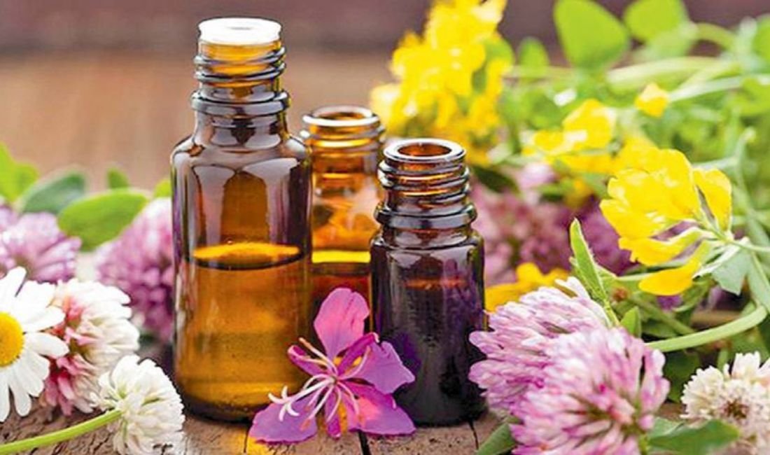 Frascos de esencias florales con flores naturales